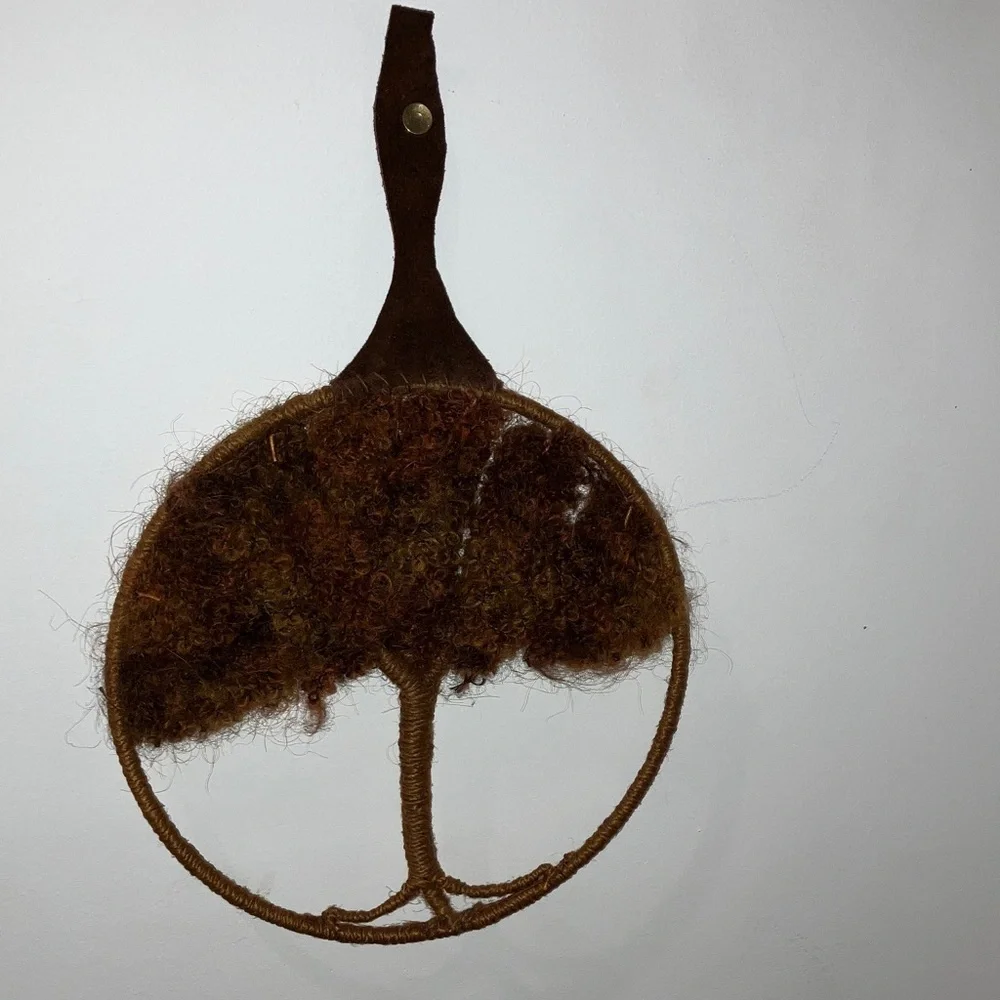 Vintage mohair fiber arts Handcrafted Tree hanging Wall Art with leather strap - Picture 8 of 9